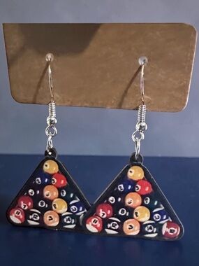 Novelty Billiard Triangle Drop Earrings - Black with Multicolor Pool Balls